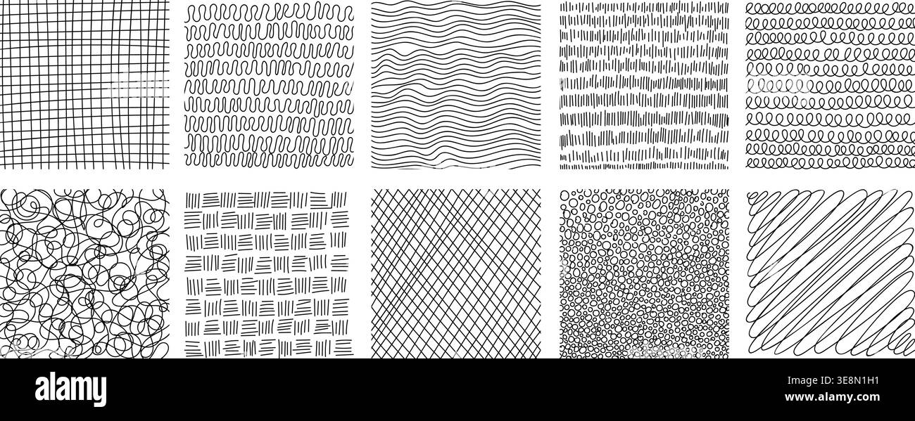 Pencil drawn crosshatch pattern collection with scribble techniques set. Stock Vector