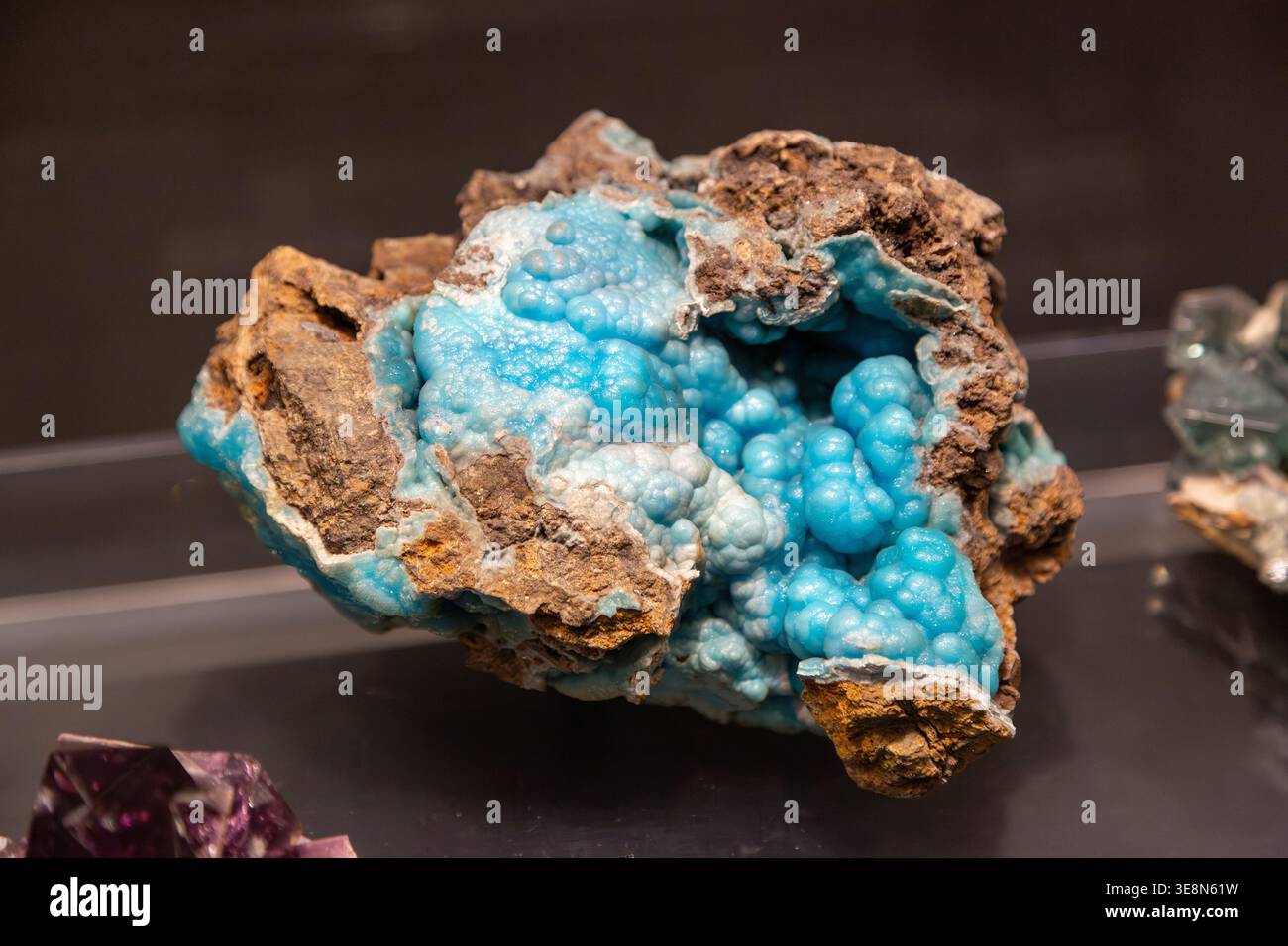 A brilliant blue specimen of the mineral Hemimorphite, Science Museum, South Kensington, London Stock Photo