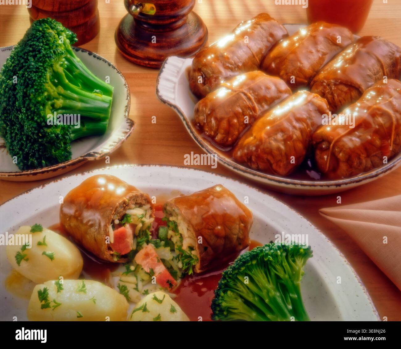 Beef Olives dish serving suggestion. Stock Photo