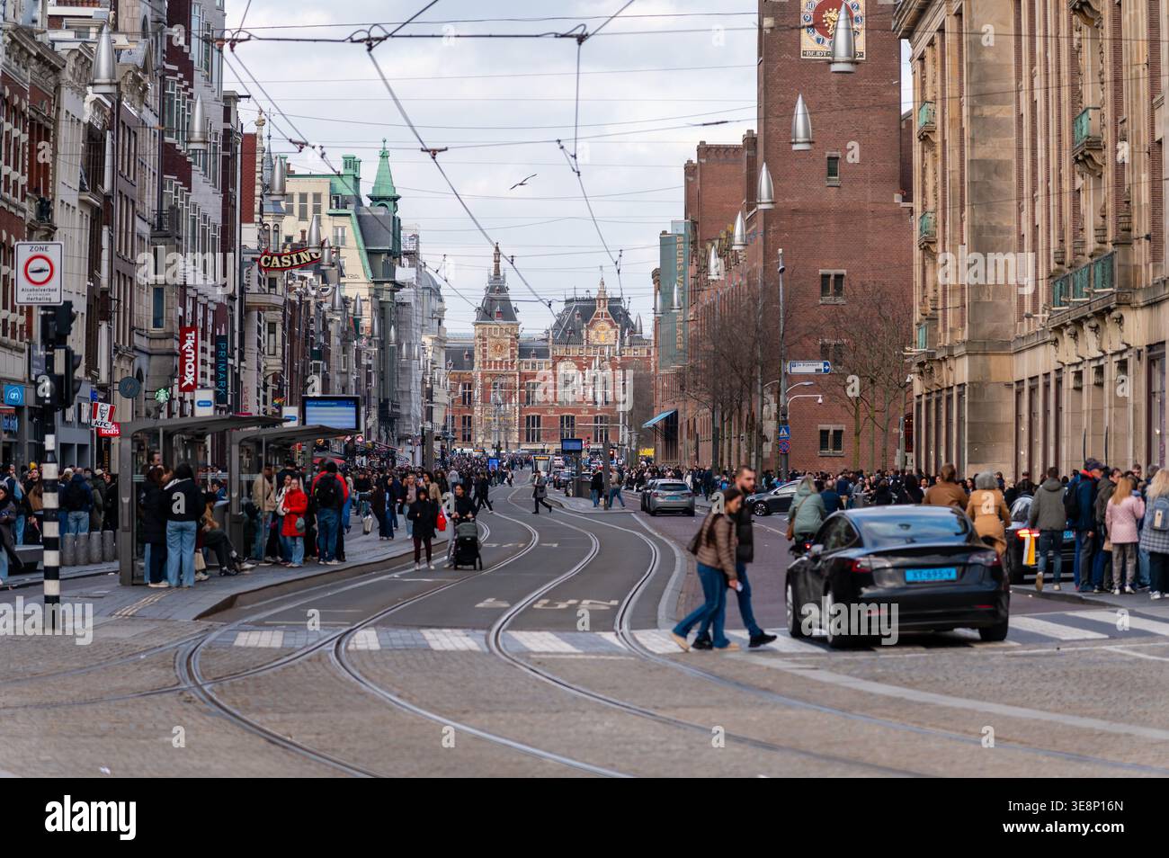 Looking down Damrak, Amsterdam, Netherlands Stock Photo