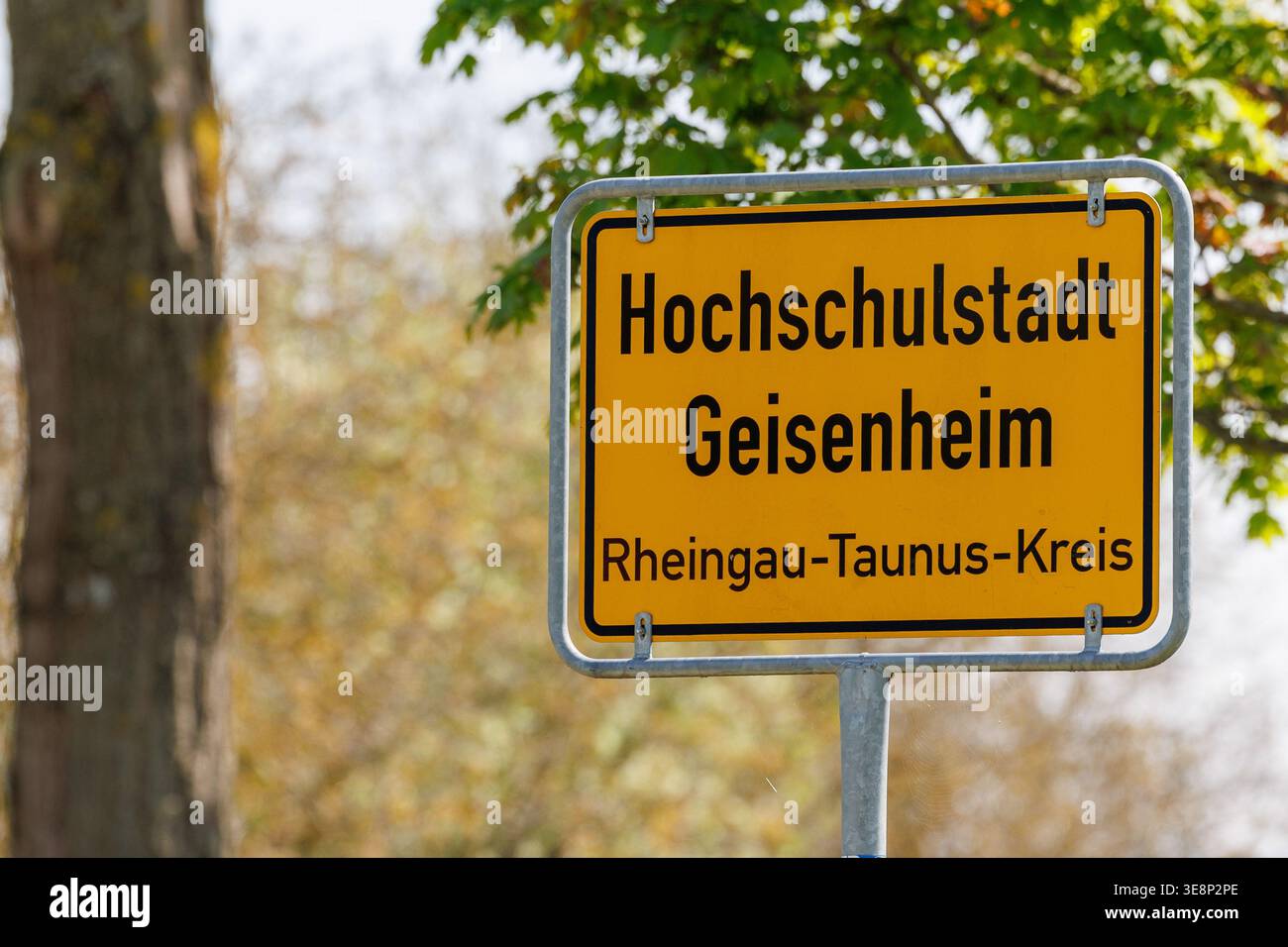 PRODUCTION - 15 April 2026, Hesse, Geisenheim: The town sign of the ...