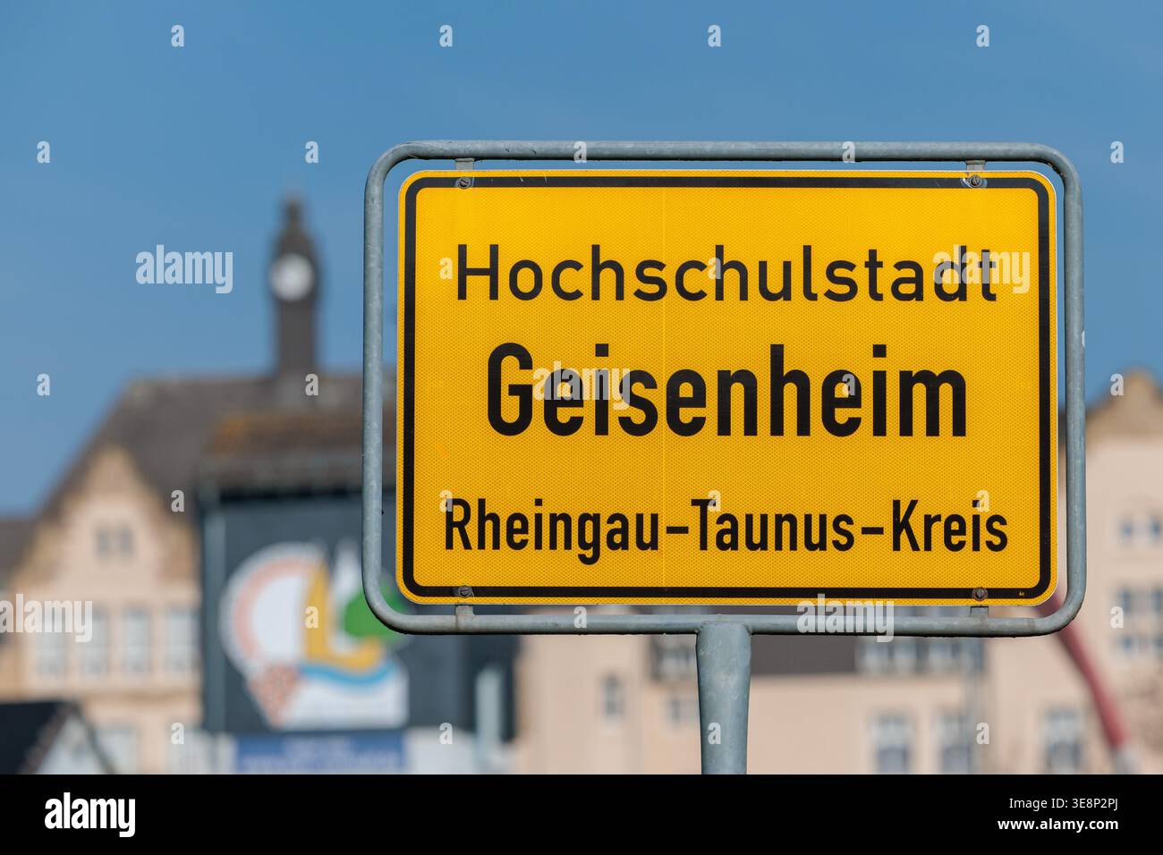 PRODUCTION - 15 April 2026, Hesse, Geisenheim: The town sign of the ...