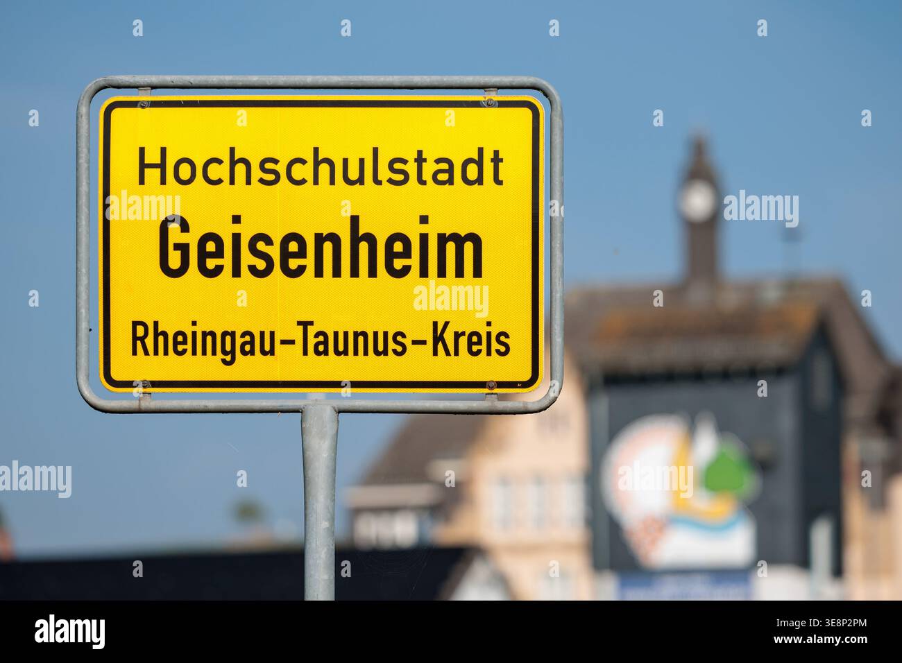 PRODUCTION - 15 April 2026, Hesse, Geisenheim: The town sign of the ...