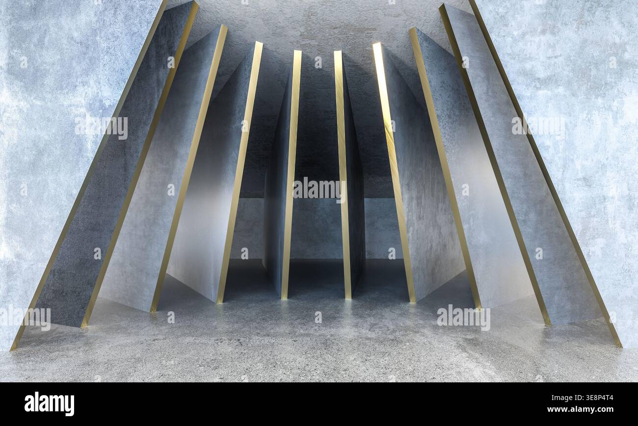 3d Abstract concrete room featuring gold edged Stock Photo
