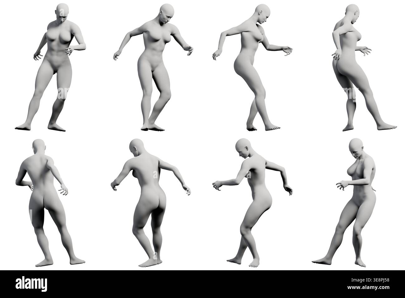 Multi-view reference sheet showing a dynamic young woman mannequin ...