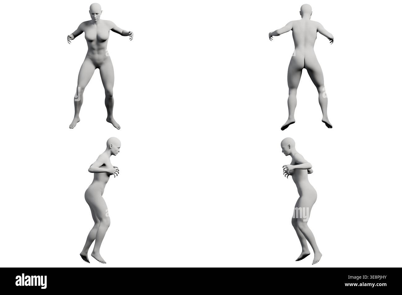 Multi-view reference sheet showing a dynamic young woman mannequin ...