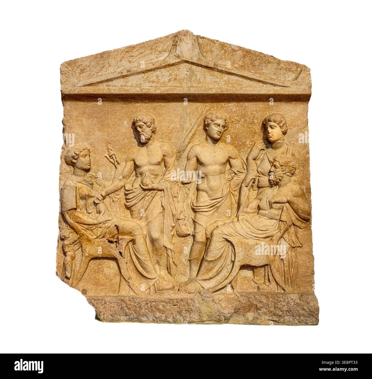 Marble Grave stele from Thebes in Greece.  End of 5th century BC. Depicting a seated man and woman facing each other.. Thre more figures stand in the Stock Photo