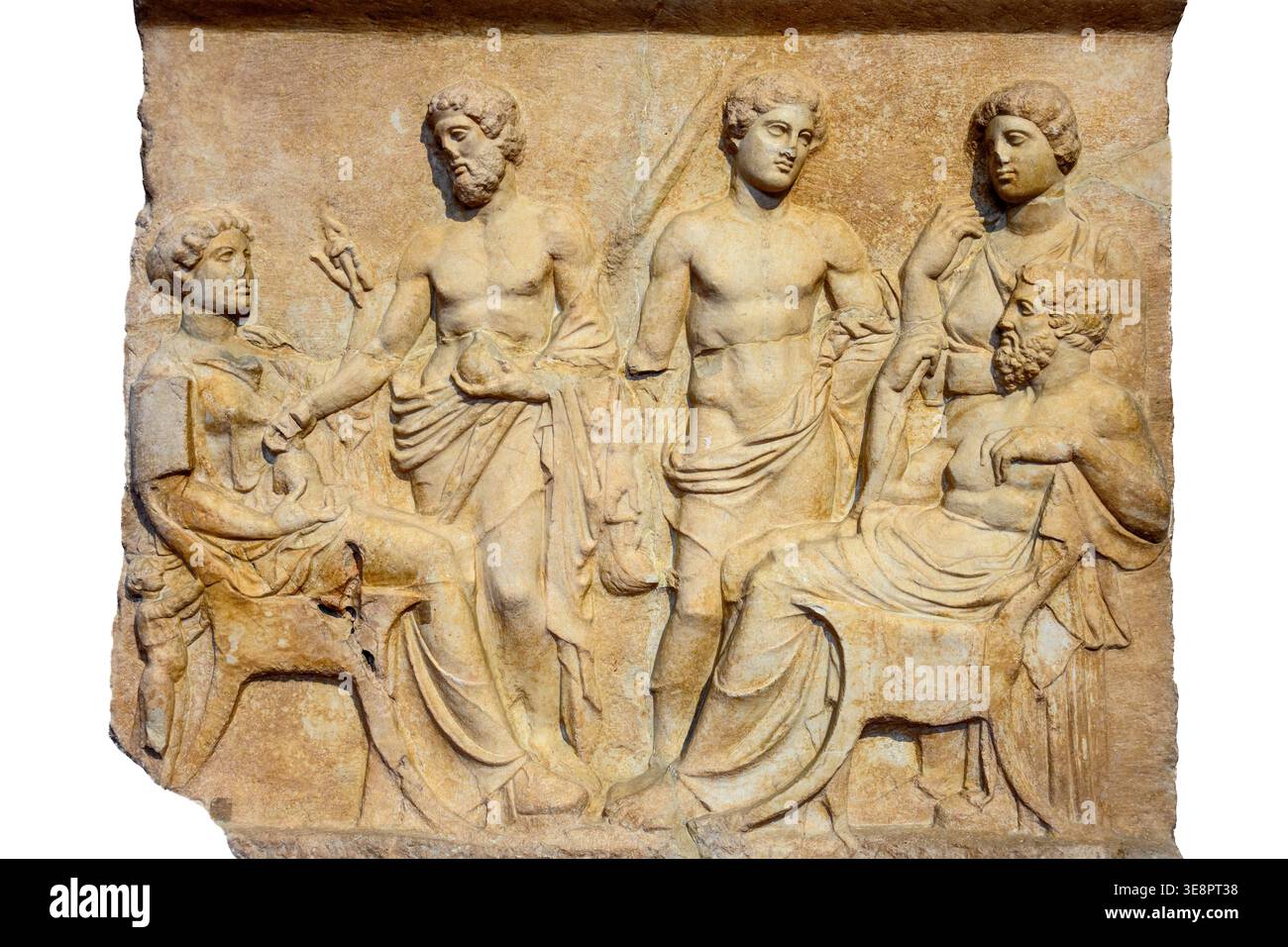Marble Grave stele from Thebes in Greece.  End of 5th century BC. Depicting a seated man and woman facing each other.. Thre more figures stand in the Stock Photo