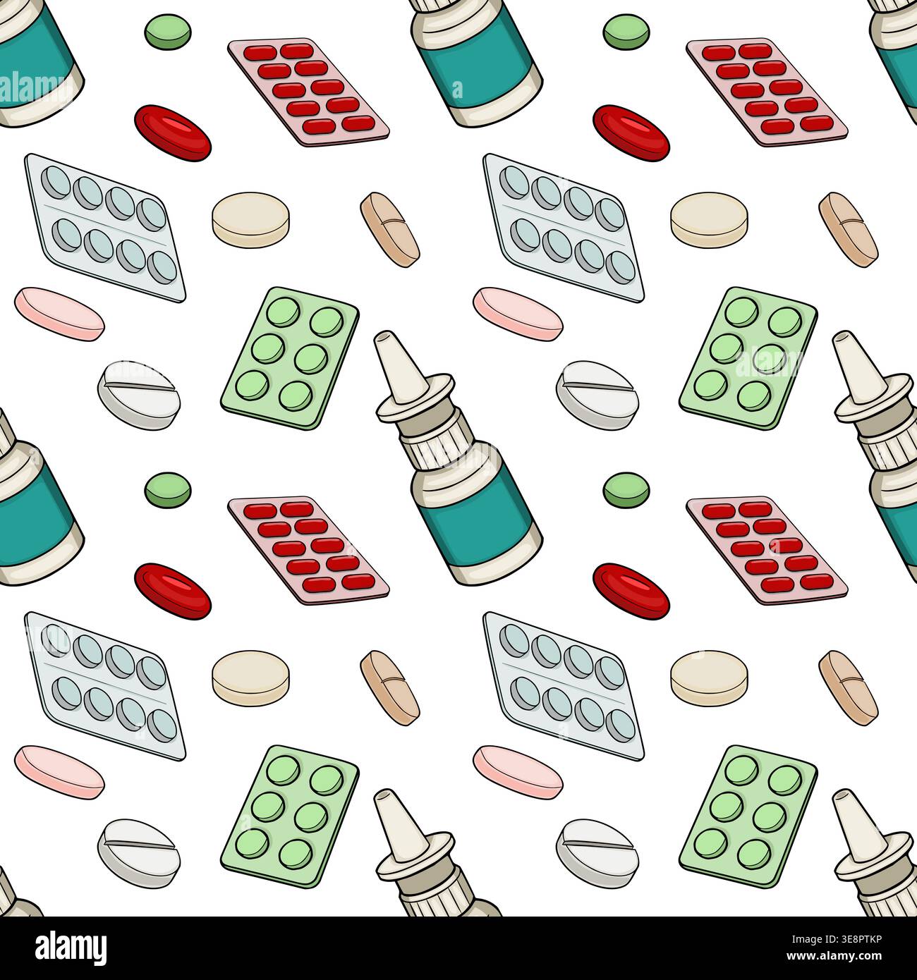Seamless vector pattern of various medical pills and nasal spray bottles Stock Vector