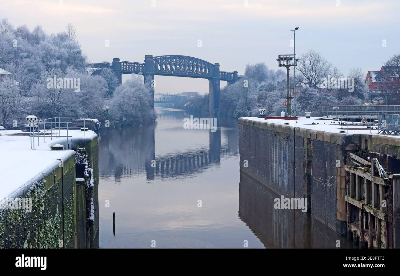 Latchford Locks winter snow. Stock Photo