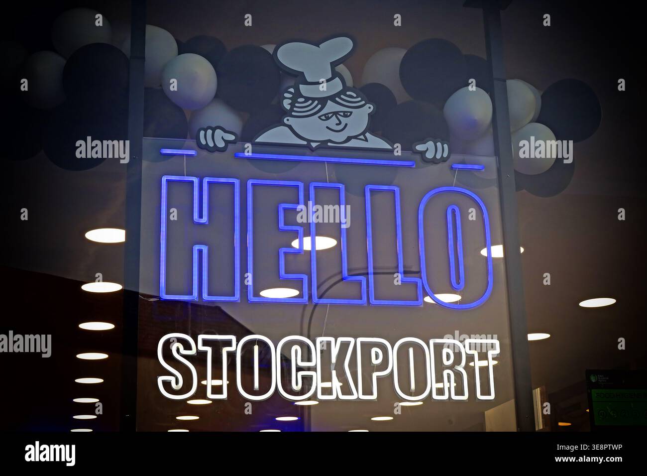 Hello Stockport in neon Stock Photo