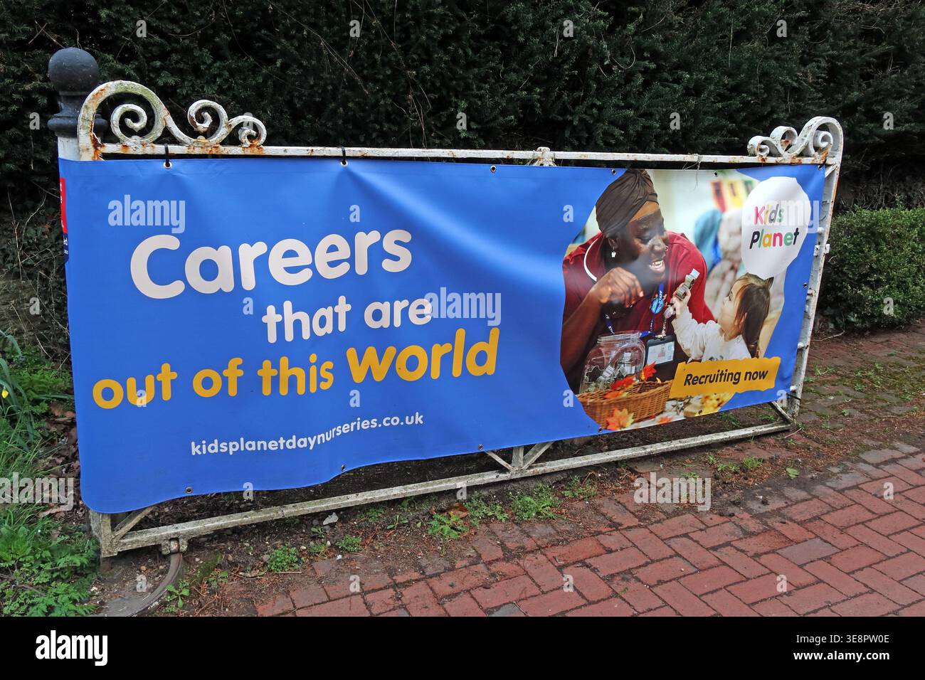 Kids Planet recruitment banner in Appleton Thorn, Warrington, promoting nursery careers and early years childcare jobs Stock Photo