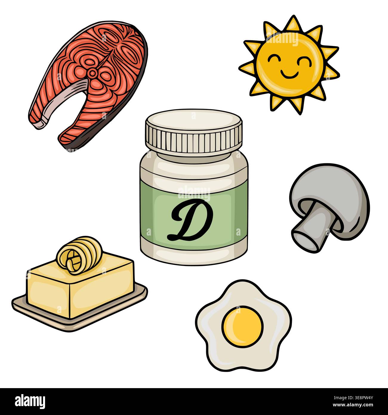 Vitamin D sources vector illustration: salmon, butter, egg, mushroom, sun, and supplement bottle Stock Vector