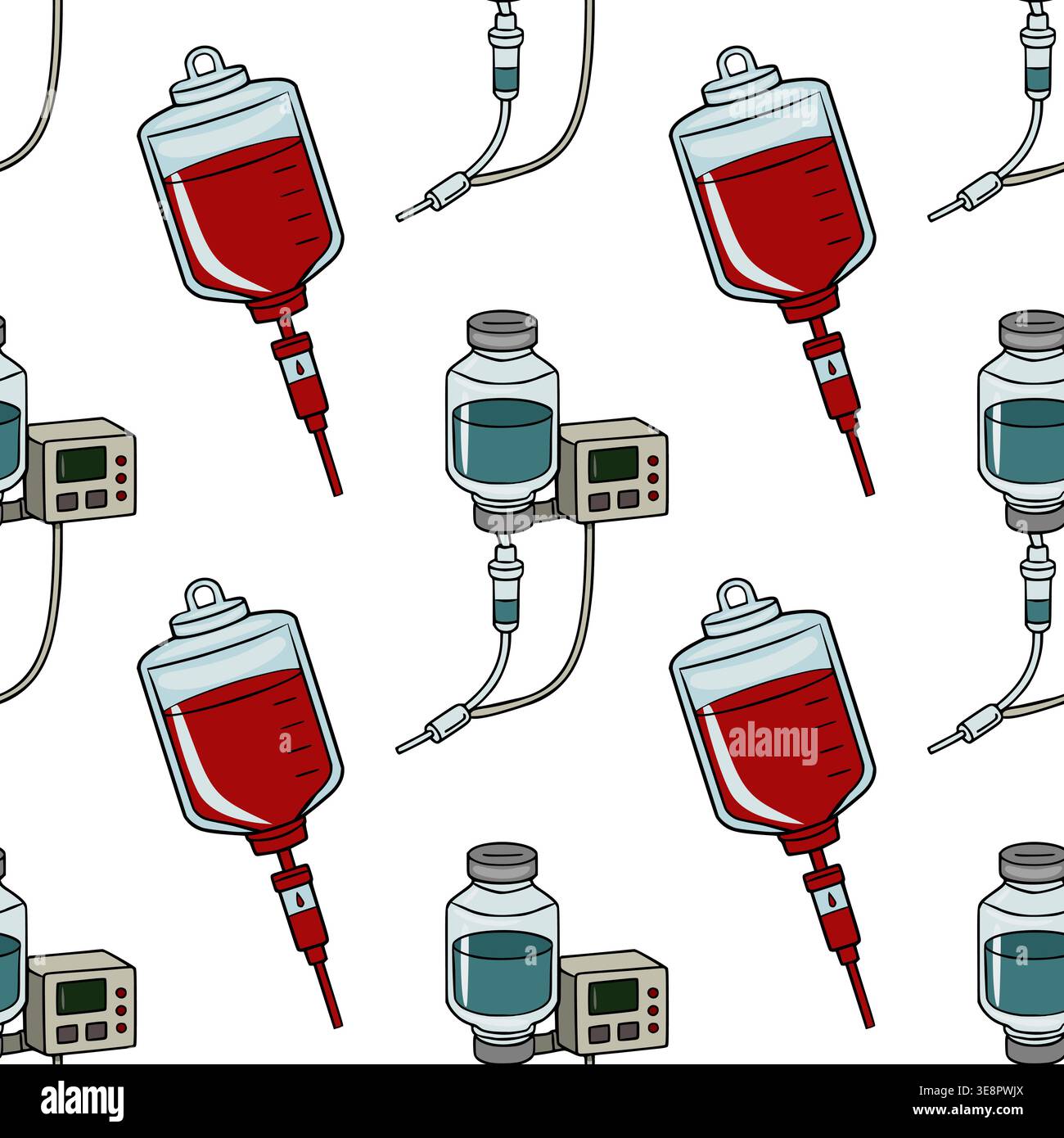 Seamless vector pattern of medical infusion bags with blood and fluid, and an infusion pump, in a playful cartoon style. Stock Vector