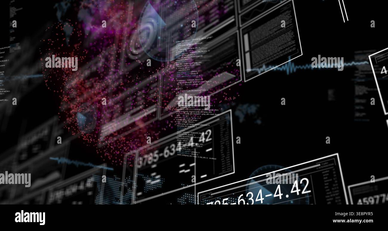 Floating UI panels streaming code and numbers in virtual space, showing magenta data cloud Stock Photo