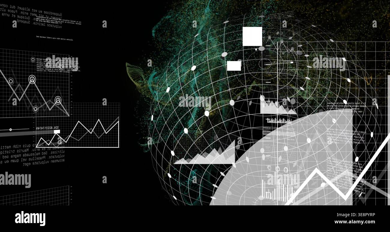Displaying translucent wireframe data globe rotating in dashboard, with white nodes, line charts Stock Photo