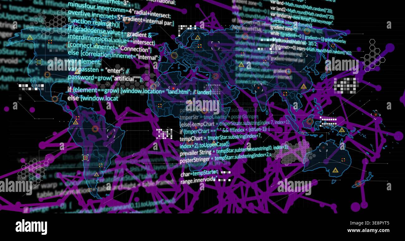 Displaying translucent world map on dark grid, with cyan code, purple links, nodes, alerts Stock Photo