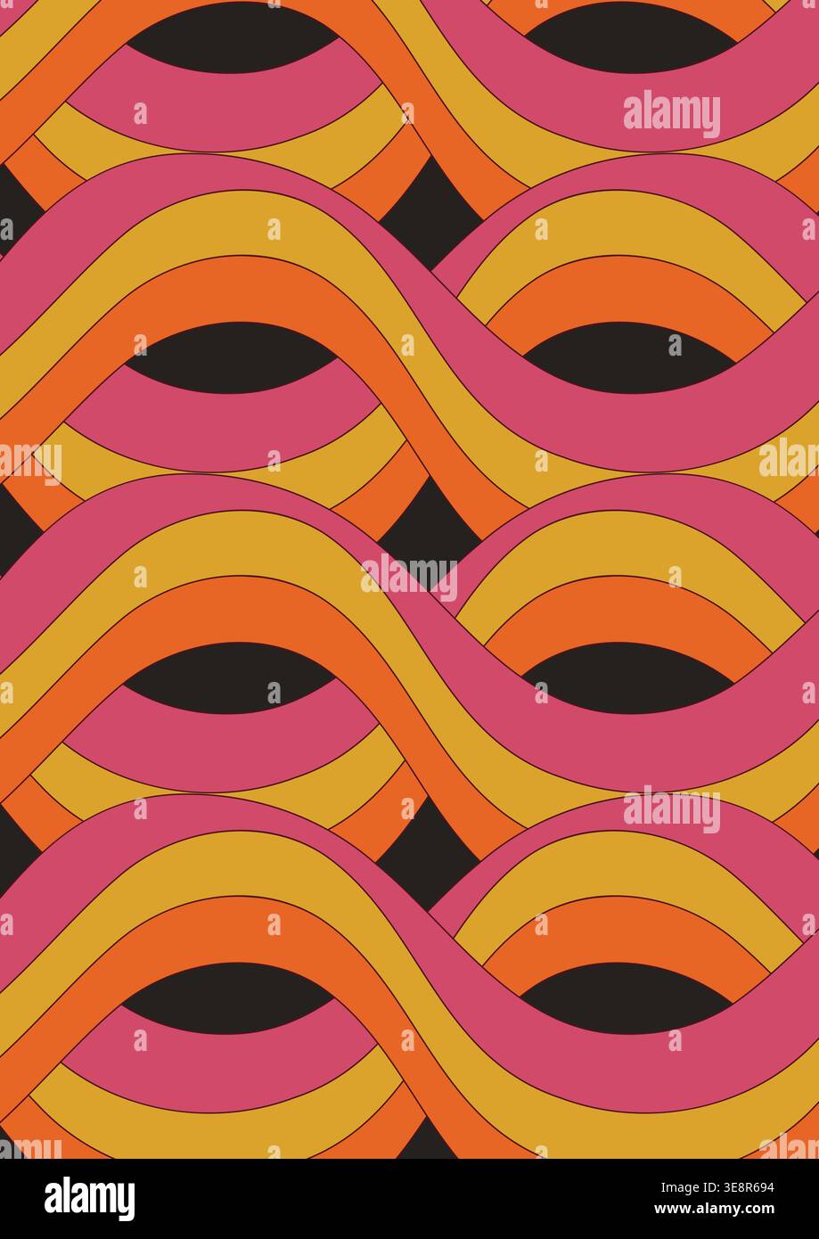 Retro 70s seamless wavy pattern background vector illustration. Stock Vector