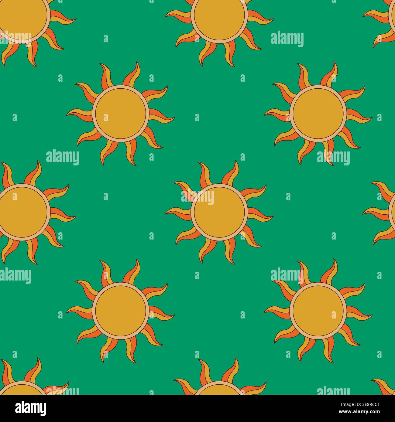 Retro groovy sun seamless pattern on green background vector illustration. Stock Vector