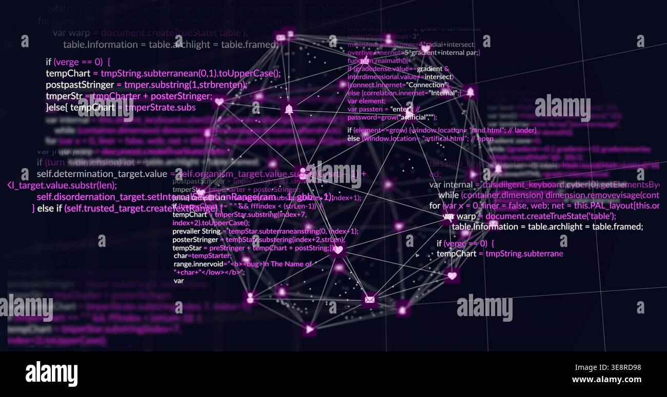 Glowing spherical 3D network graph rotating in virtual space, with magenta nodes and code overlays Stock Photo