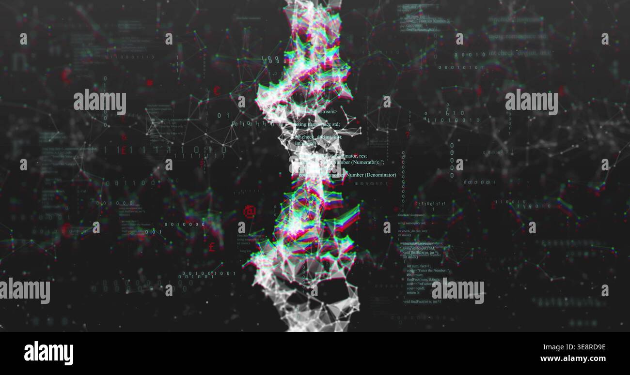 Displaying vertical data strand twisting in virtual data space, showing nodes, mesh, glitch fringes Stock Photo