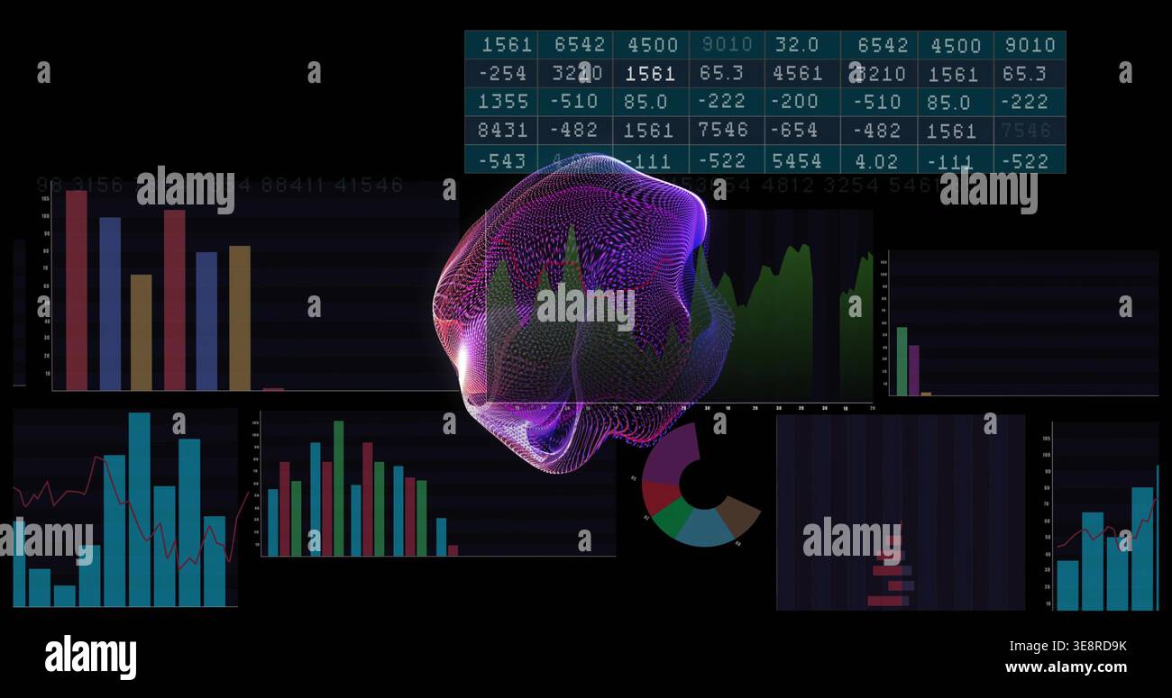 Displaying central 3D wireframe mesh glowing on dark analytics dashboard, with bar charts and table Stock Photo