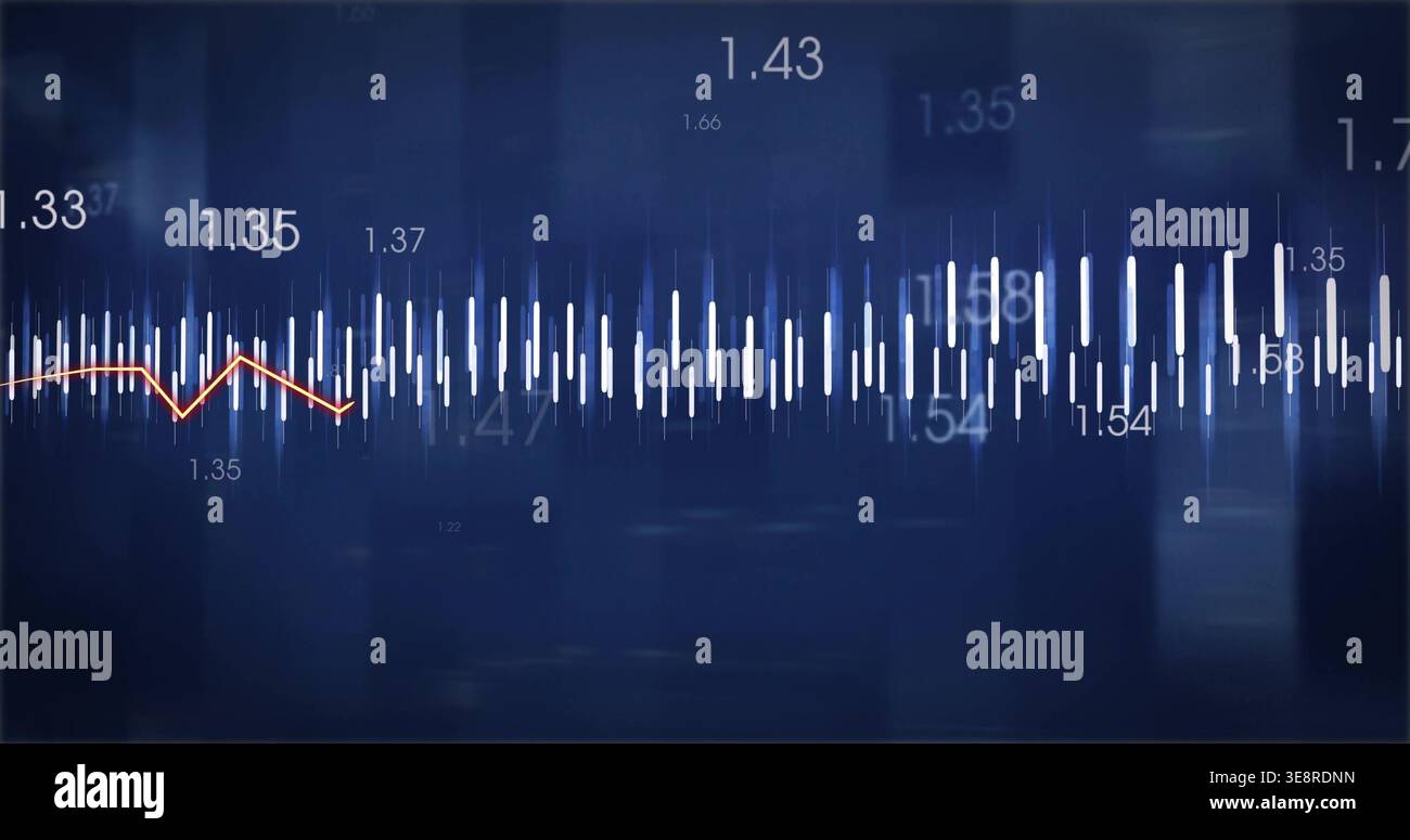 Displaying white-bar waveform across dashboard UI, orange line tracing floating numeric labels Stock Photo