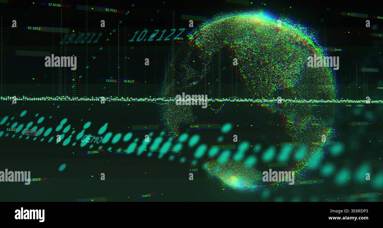 Displaying point-cloud globe right in data dashboard, showing dotted waveform, numeric readouts Stock Photo