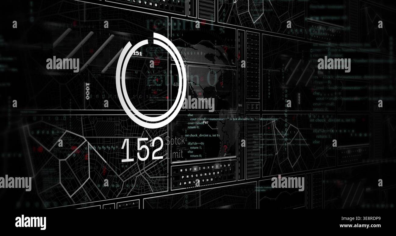 Displaying circular progress gauge with numeric readout 152 and dotted world map on dashboard Stock Photo