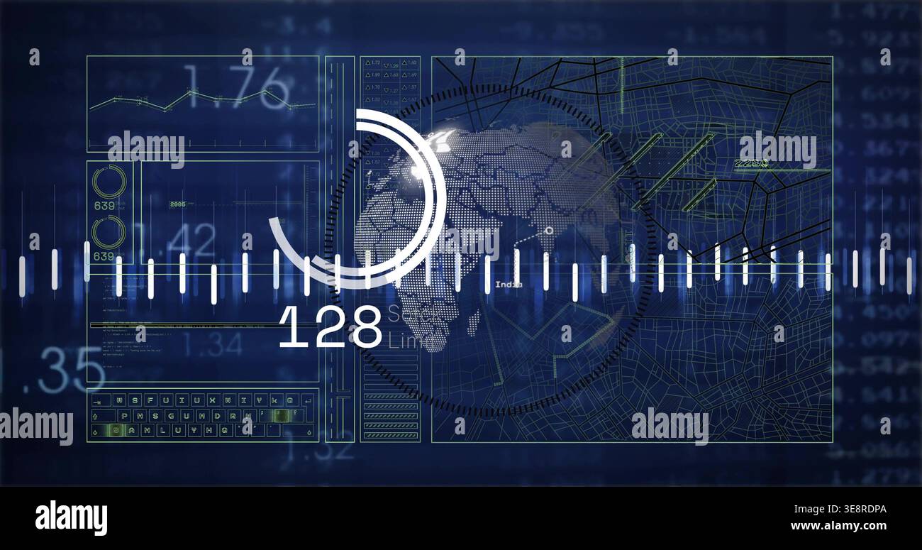 Displaying centered dashboard on command console showing dotted Africa map, HUD rings, numbers Stock Photo