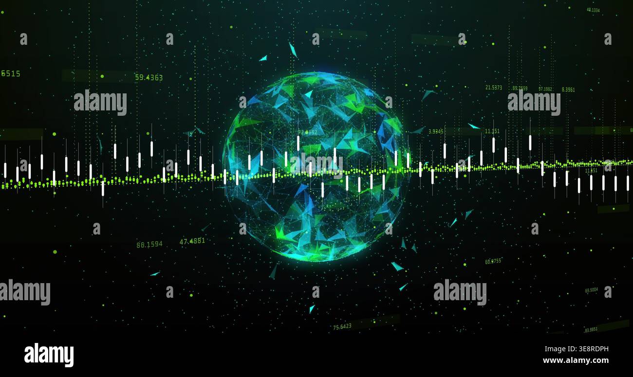 Glowing translucent globe floating in virtual dashboard, showing waveform, shards, numeric readouts Stock Photo
