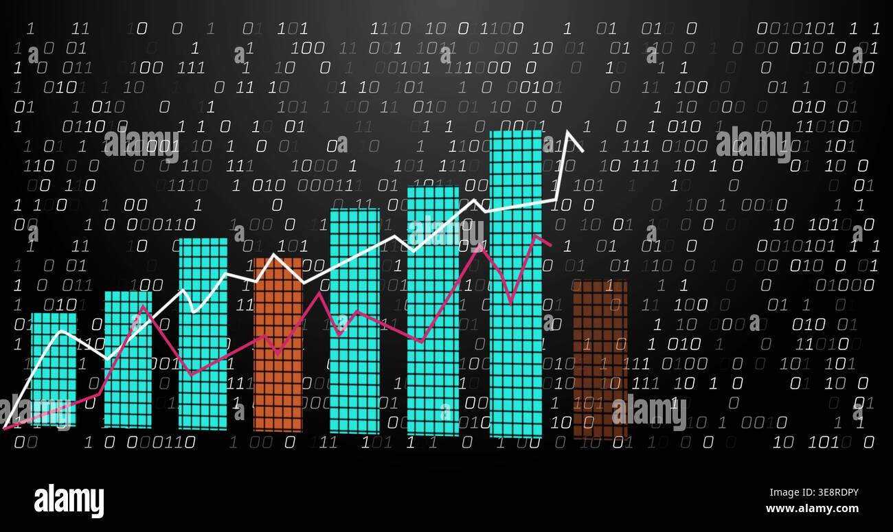 Displaying tiled bars showing teal or orange, white or purple lines, upward arrow, binary code dashb Stock Photo