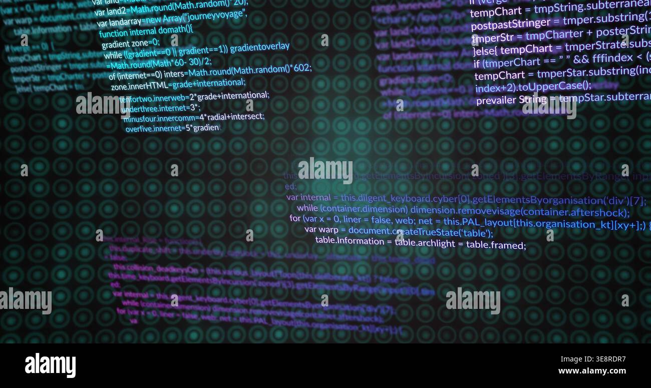 Displaying centered JS code block with concentric ring pattern, glowing and blurred bands on screen Stock Photo