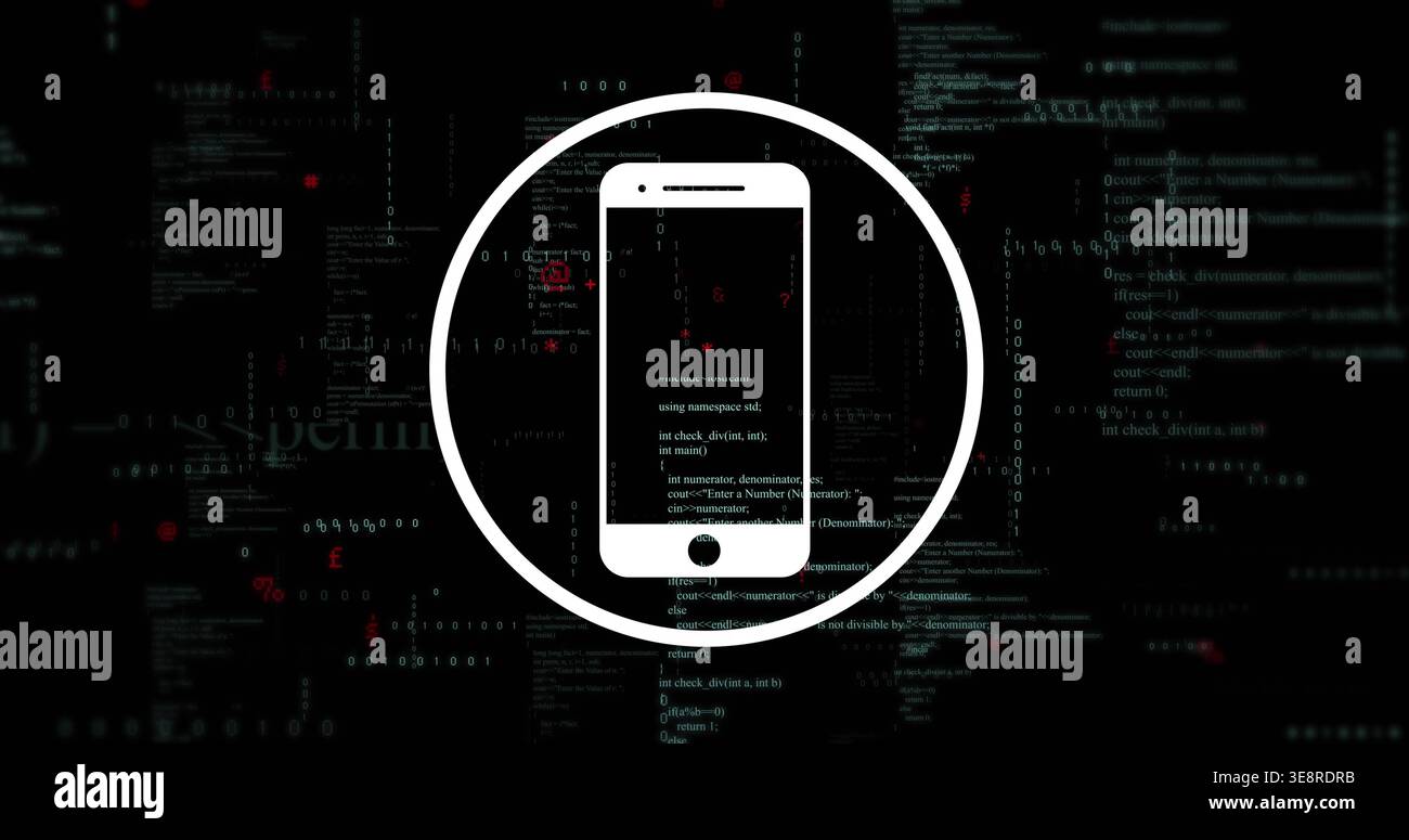 Displaying white phone icon inside bold round ring in dark code scene with binary, red dots Stock Photo