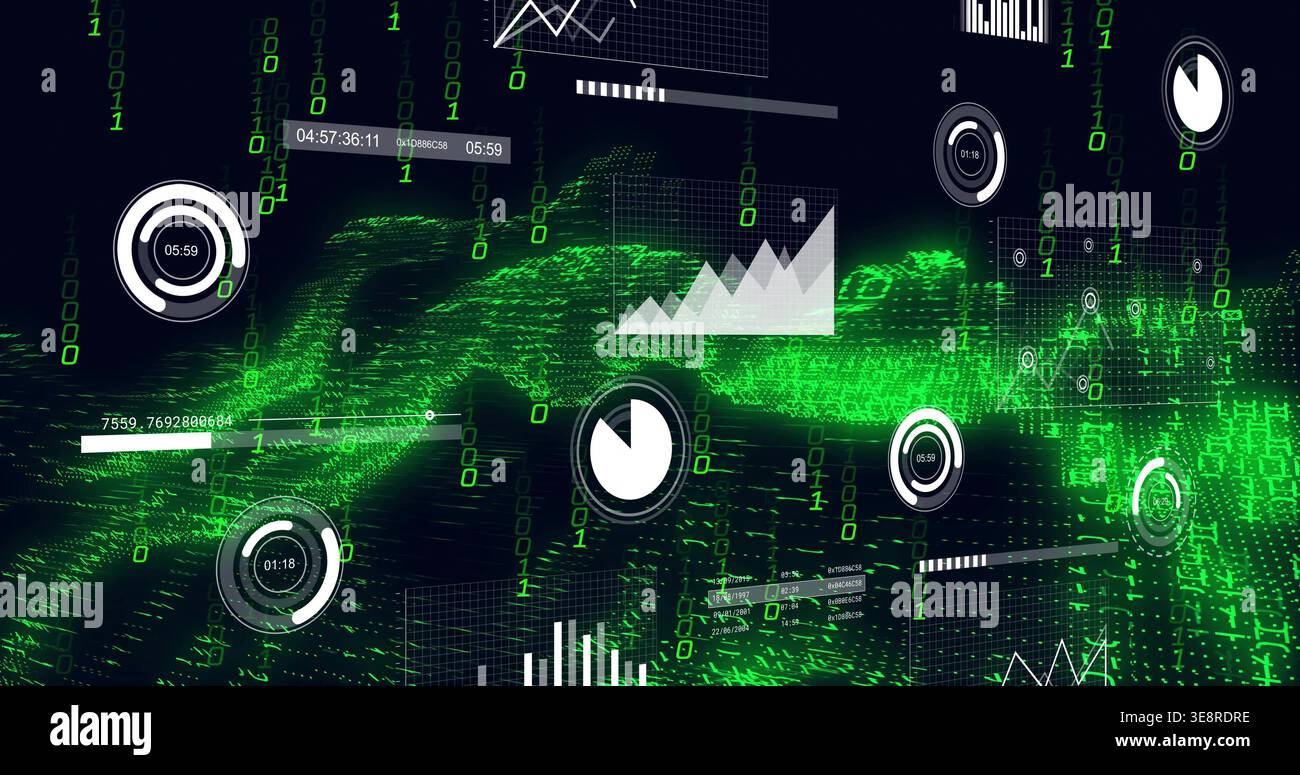 Streaming green waveform centered on dashboard with pie dial, showing binary digits Stock Photo