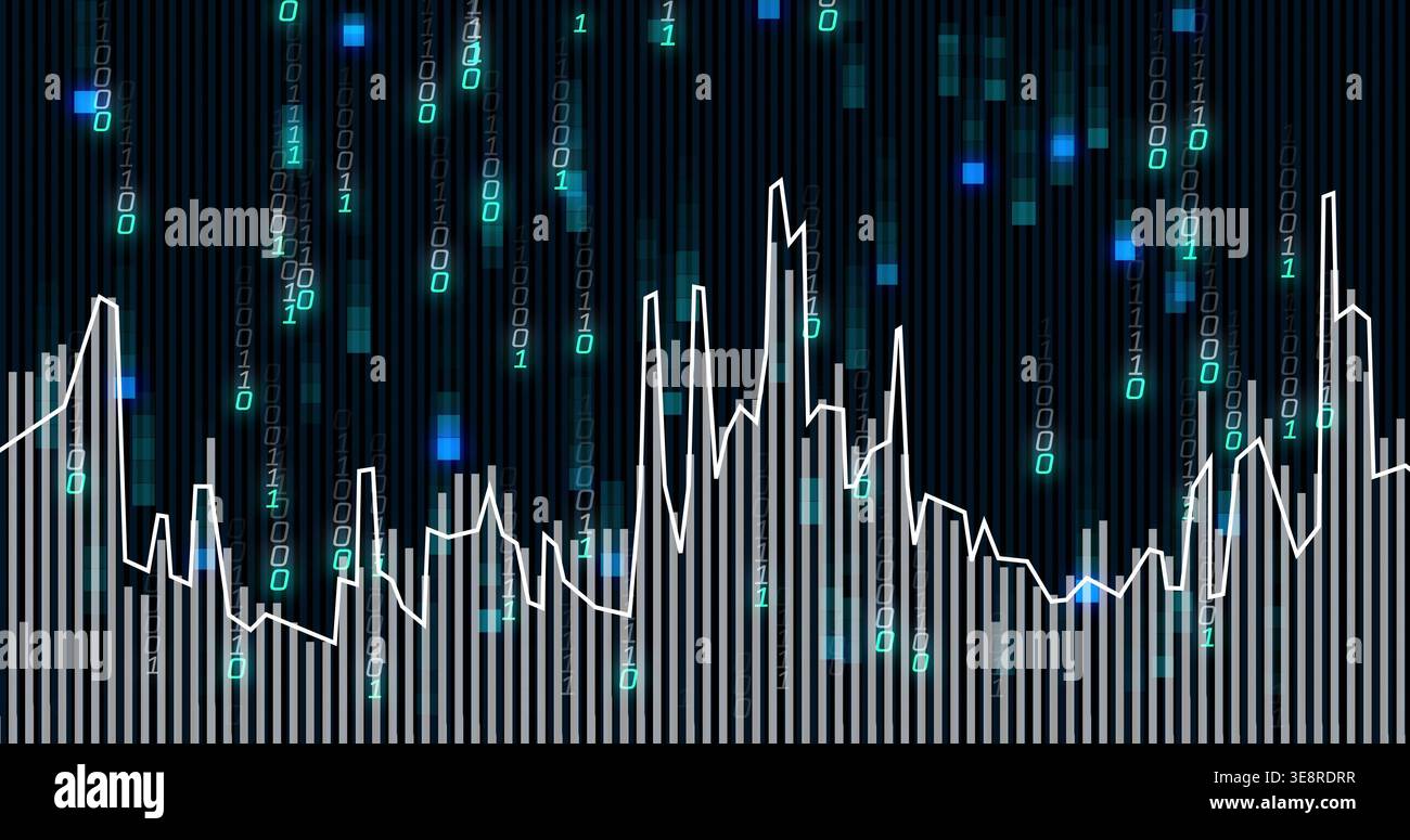 Displaying dashboard data panel, showing grey histogram with white line and falling binary digits Stock Photo