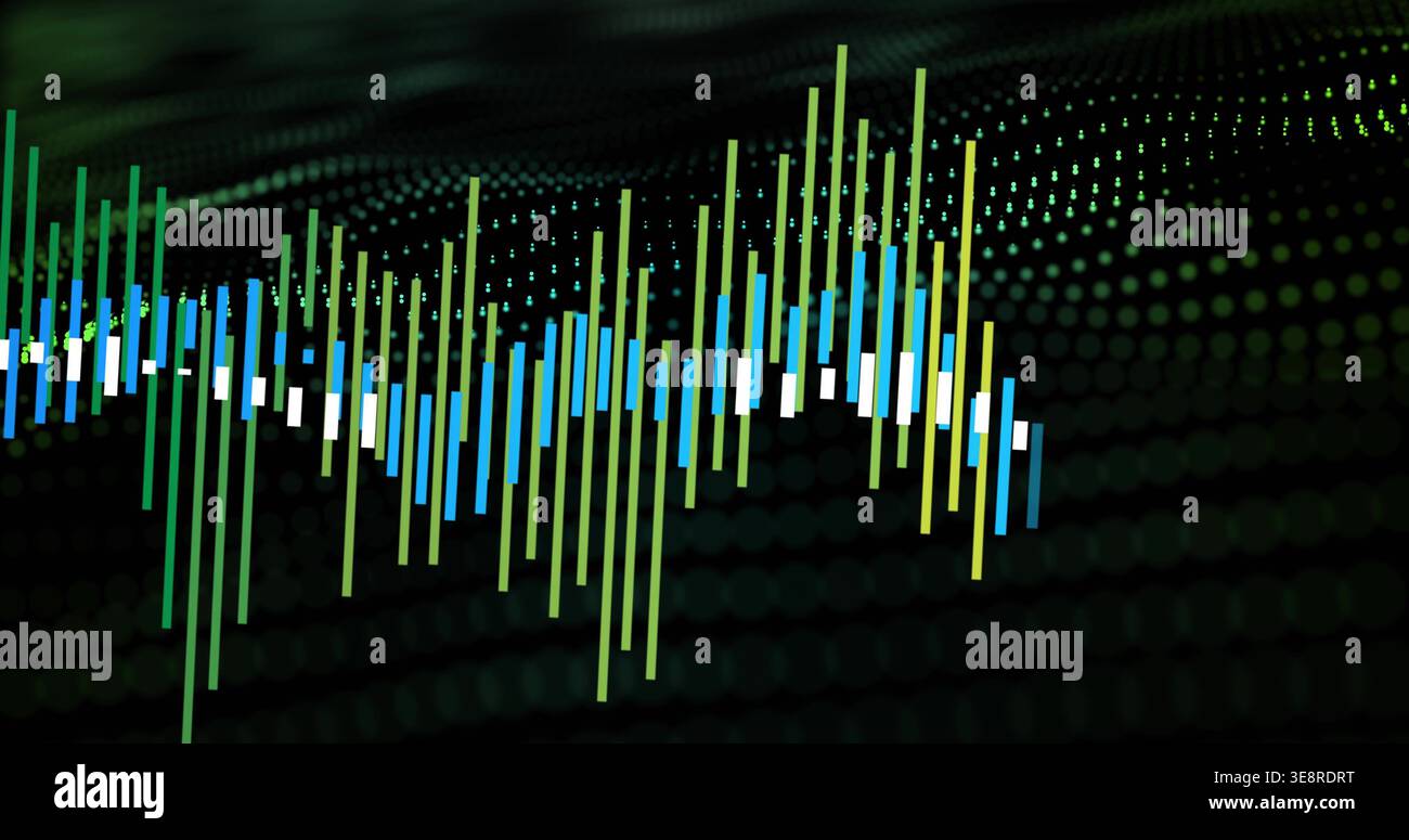 Displaying multicolored waveform forming vertical bars and blocks on dark dotted grid visualization Stock Photo