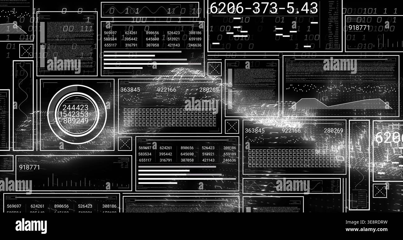 Displaying tiled dashboard cluster on dark field, showing circular gauge, numeric readouts, binary Stock Photo