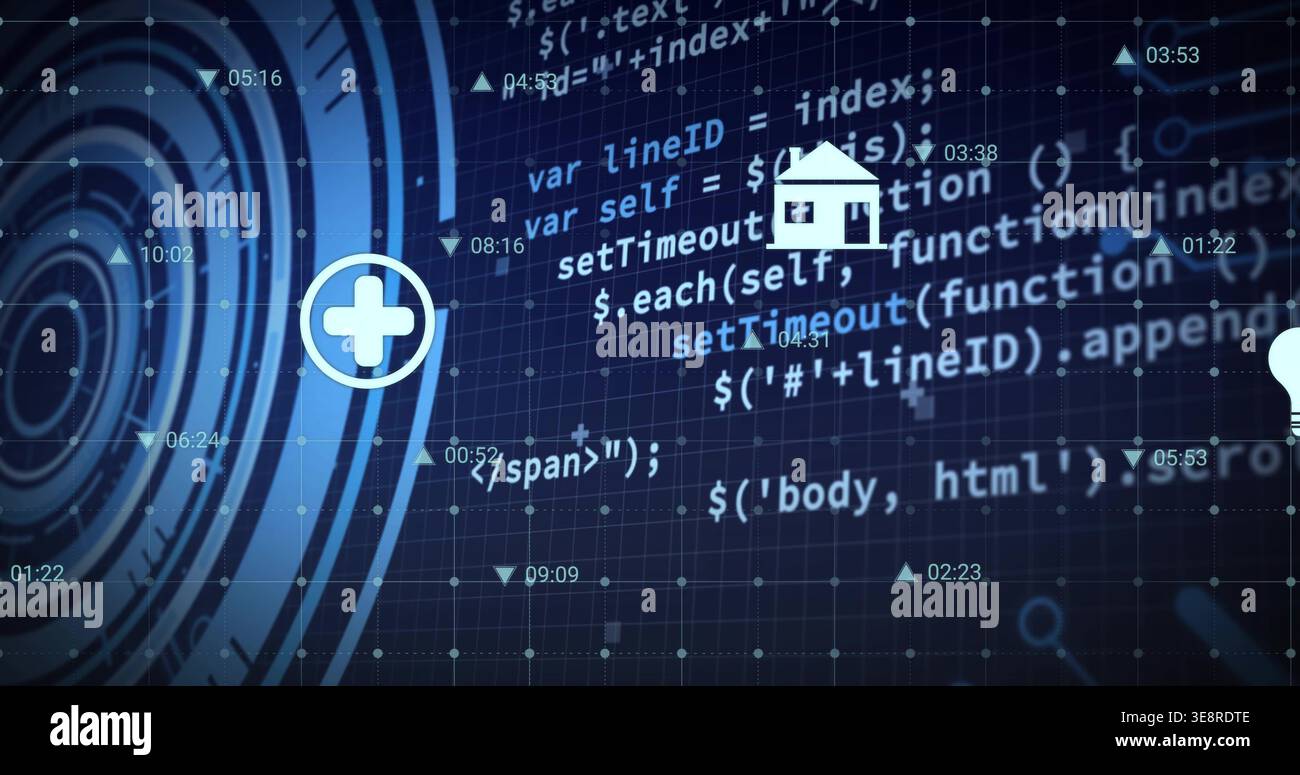 Displaying layered programming code and UI icons centered on dashboard showing radar plus home Stock Photo