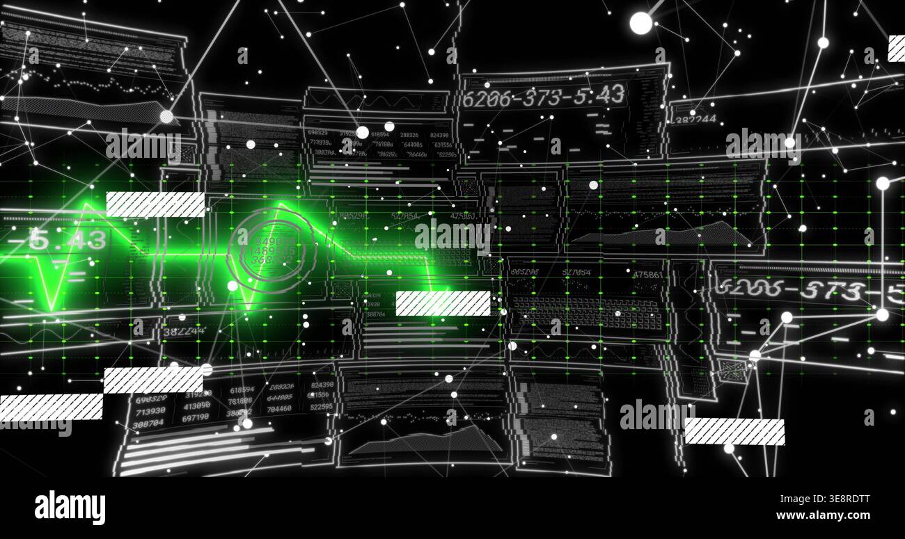 Displaying neon green waveform moving across 3D dashboard, showing numeric panels and node lines Stock Photo