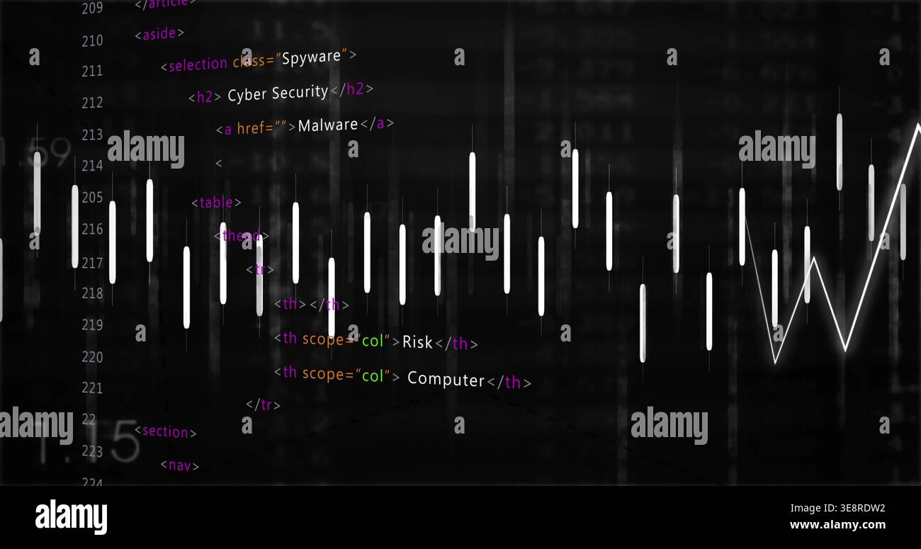 Displaying HTML code and data visuals on dark screen, showing white bars and rising line chart Stock Photo