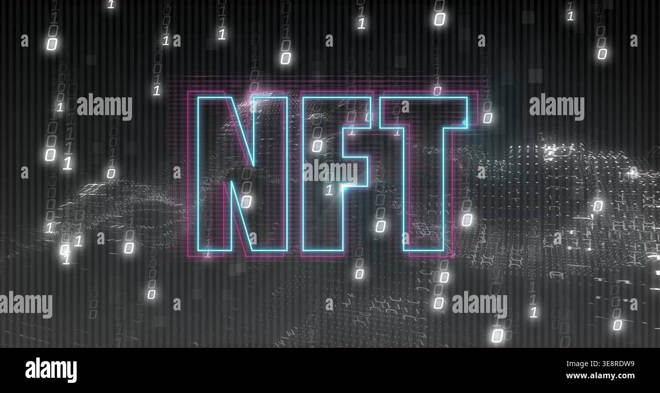 Glowing neon NFT letters pulsing on dark striped backdrop, with falling binary digits, data globes Stock Photo