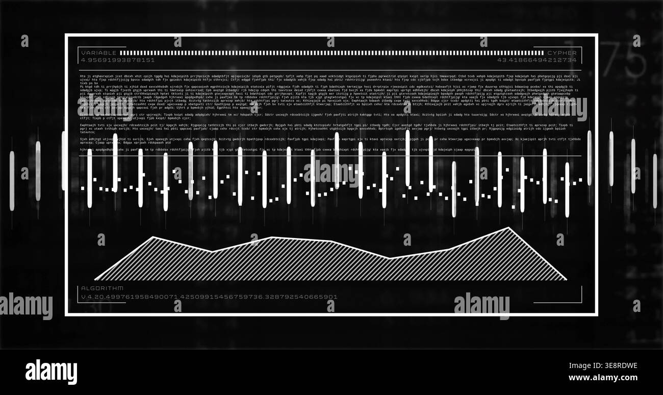 Showing white HUD panel center dark screen, bars with markers, hatched, labels VARIABLE ALGORITHM Stock Photo
