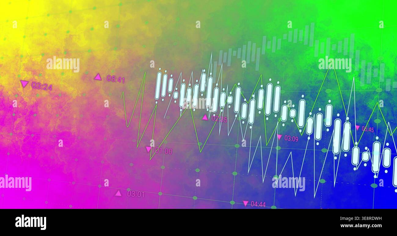 Displaying financial chart visual on multicolor gradient, with white candles and green line graphs Stock Photo
