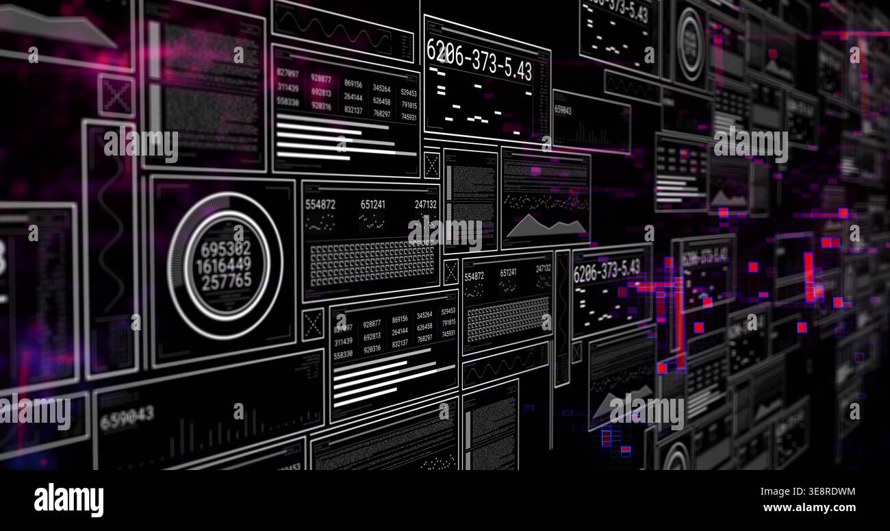 Displaying dense array of digital data panels in virtual console, with circular gauge traces Stock Photo