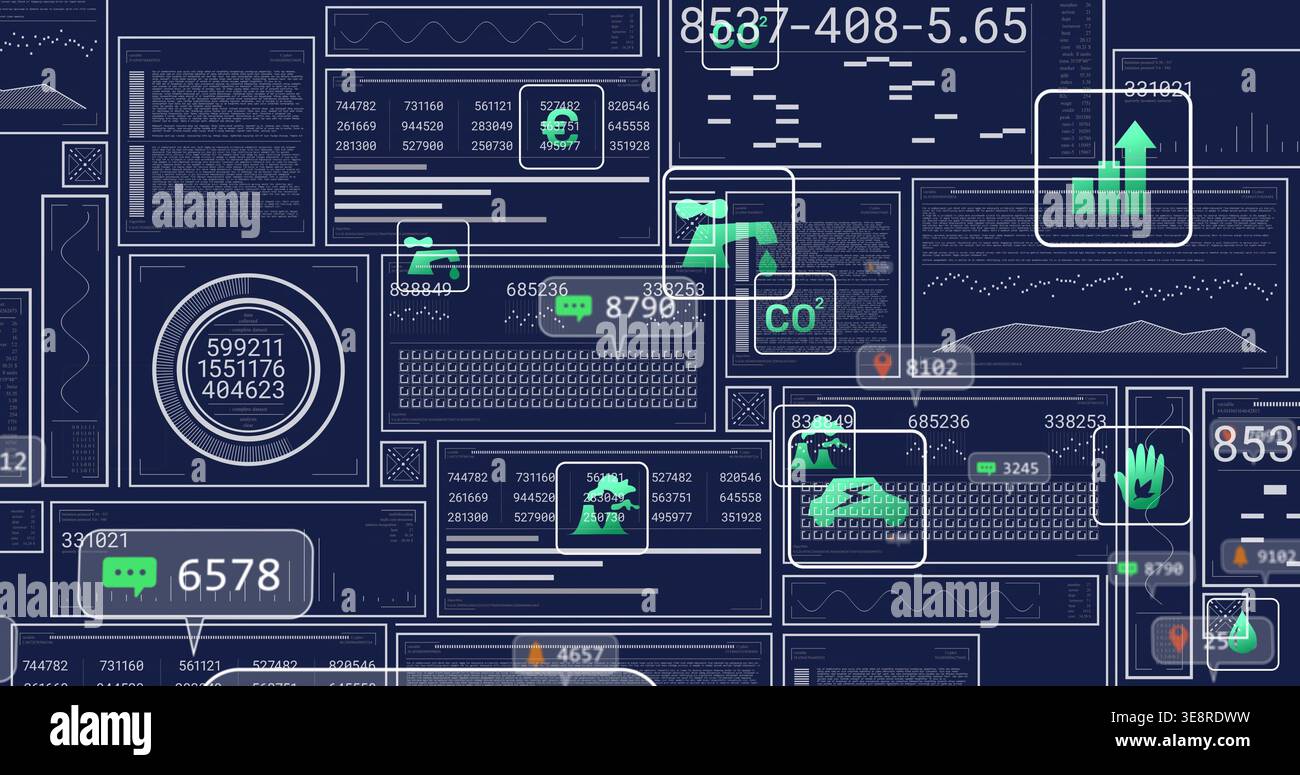 Displaying data dashboard centered on dark navy screen, showing panels, graphs, code, CO2 icons Stock Photo