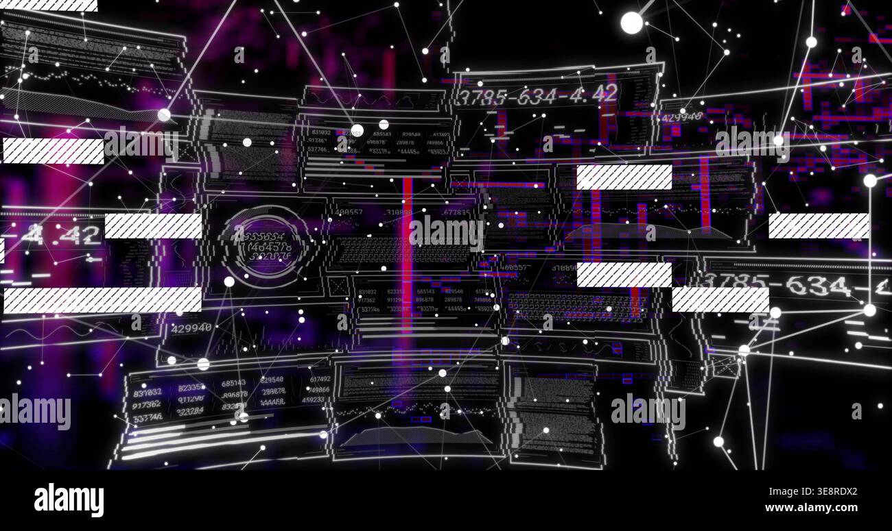 Floating data panels displaying numeric code, connecting nodes and magenta beams in virtual void Stock Photo