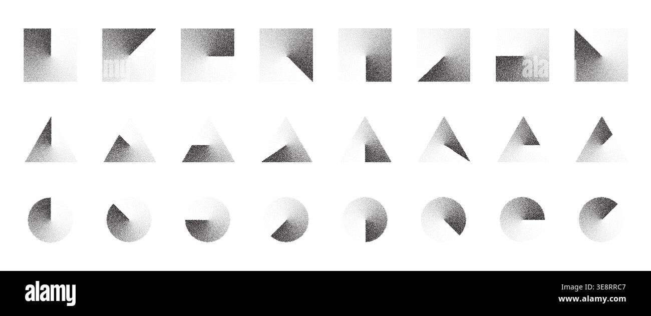 Grainy geometric shapes with grain texture, circles, squares, triangles in stippled black and white pattern. Abstract vintage dotwork vector Stock Vector