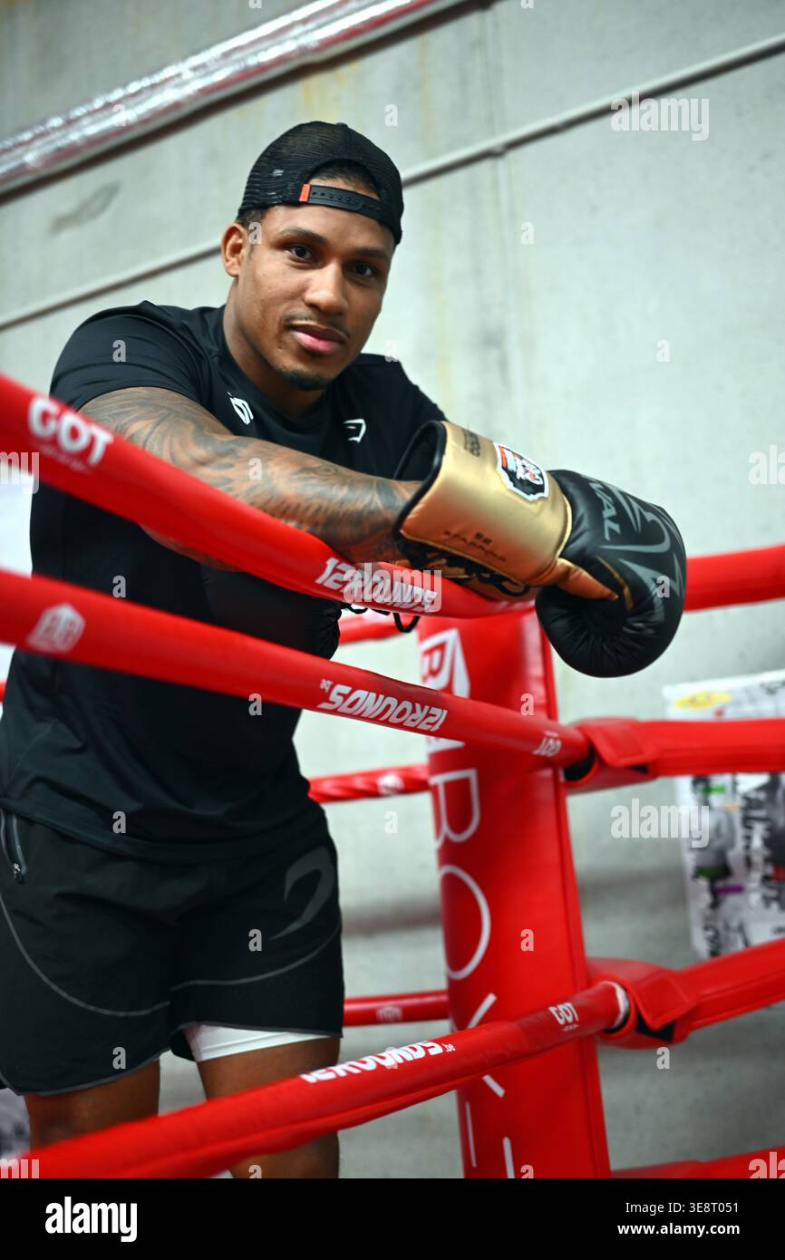 Belgian boxer Ryad Merhy poses for the photographer during a press ...