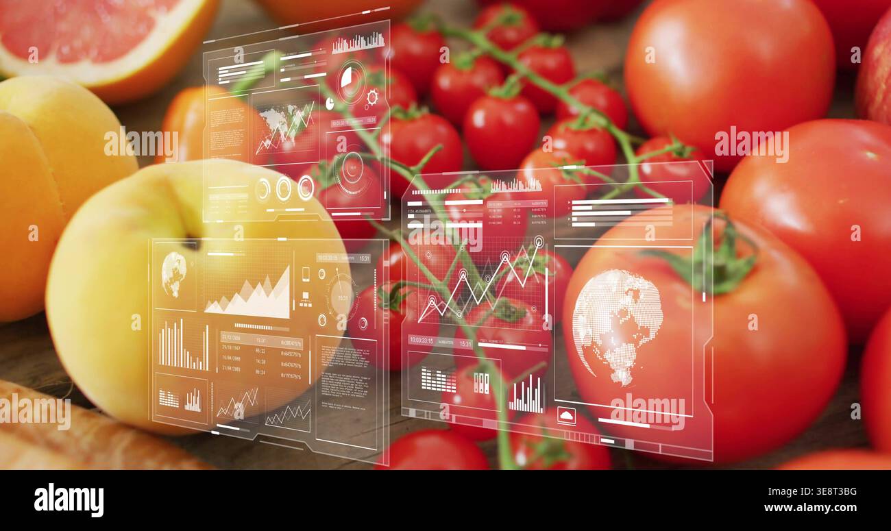 Sensor detecting ripeness, activating data UI displaying tomatoes, peaches on counter for analysis Stock Photo